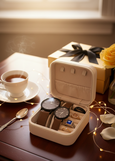 Luxury Couple Watch & Rings Gift Set with Elegant Jewelry Box ⌚💍